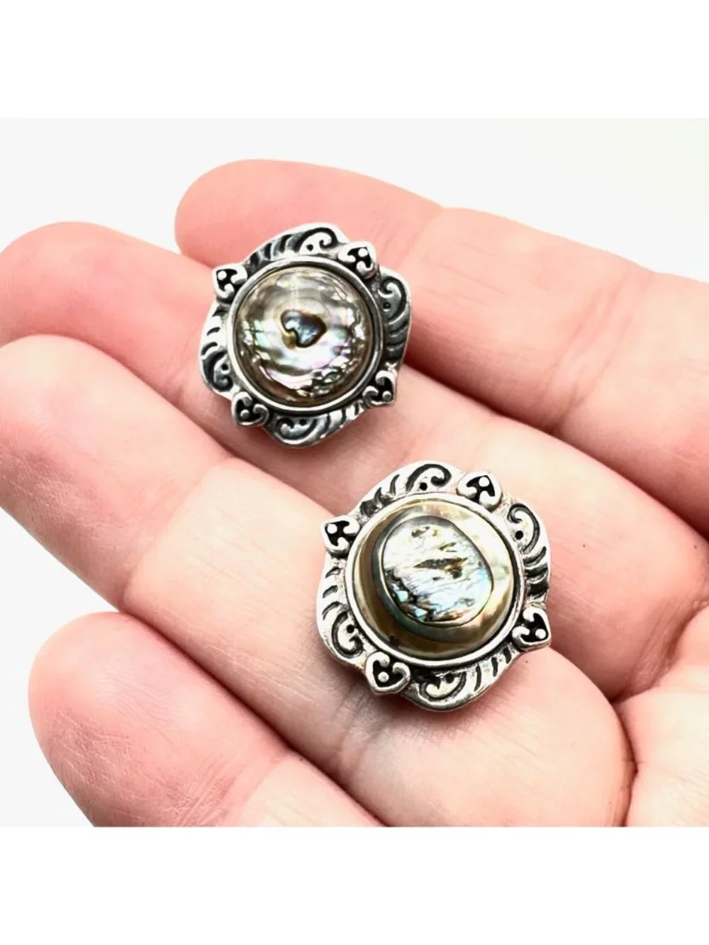 Indonesian Designer CNA Womans Earrings Sterling Silver Abalone Clip